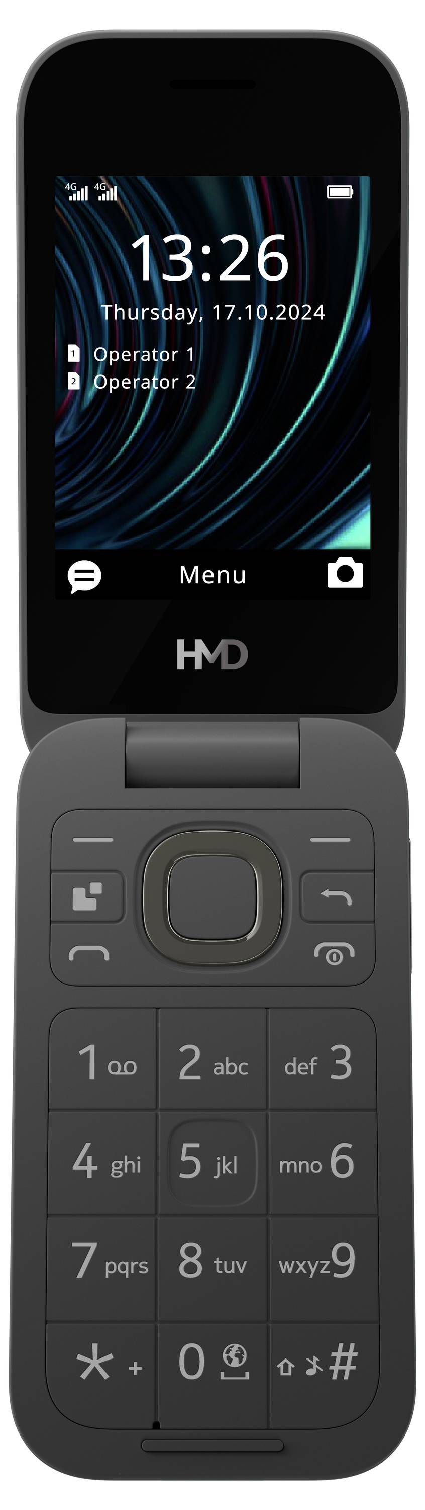 A flip phone with an open display showing the time (13:26) and date (Thursday, October 17, 2024). Below it is a keypad with numbers and symbols.