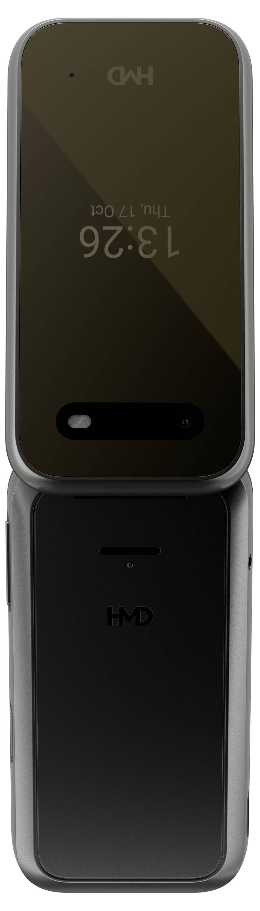 Flip phone in closed view, showing a digital time display '13:26' and the print 'HD', dark casing.