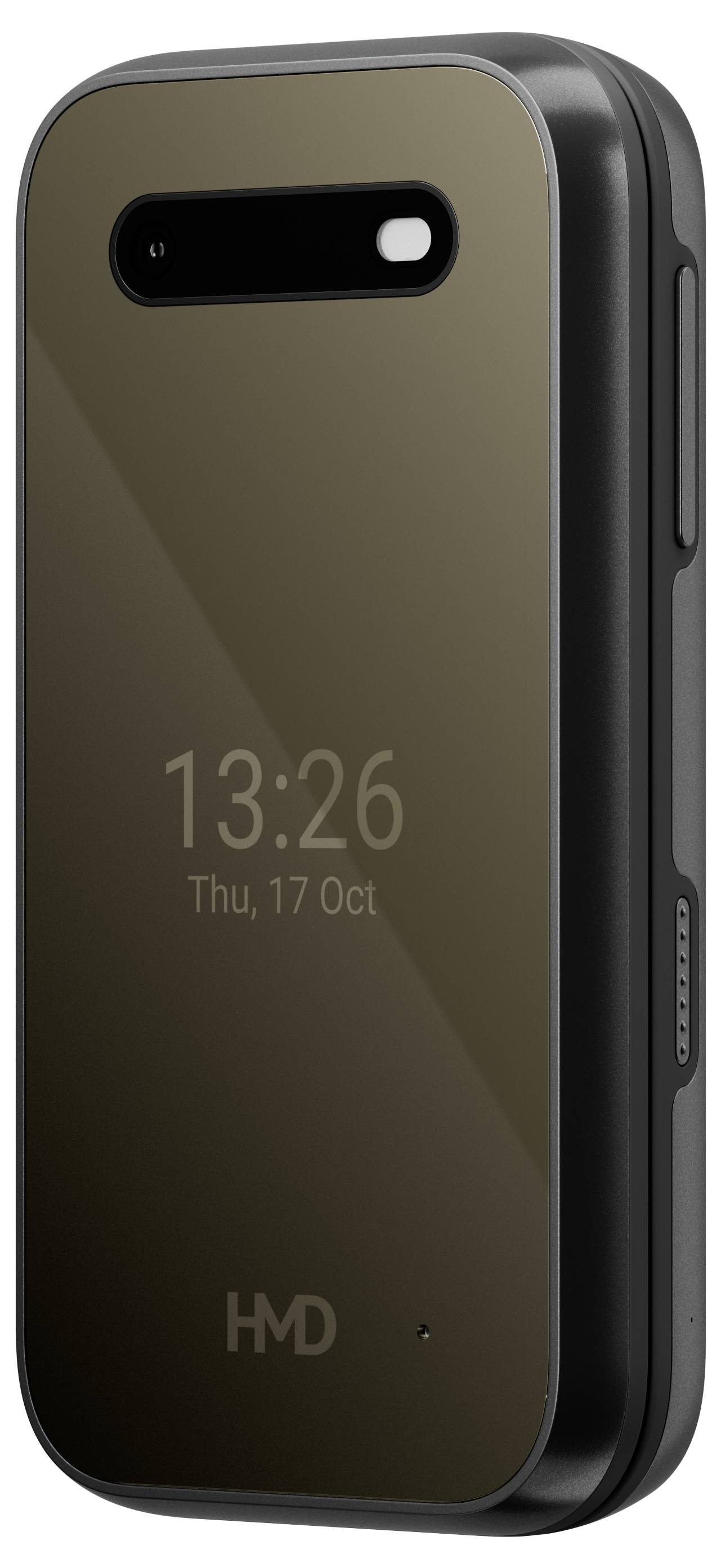 A modern flip phone with a glossy display showing the date and time. The device has sleek, rounded edges.