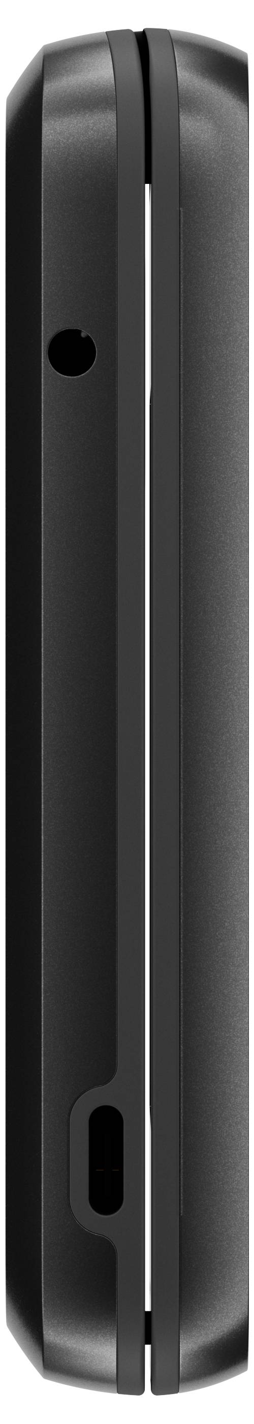 Side view of a foldable device in closed state, black housing with visible hinge and ports.