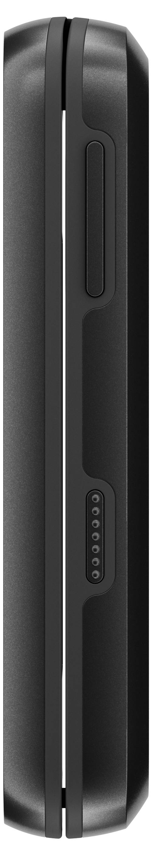 The image shows the side view of a black walkie-talkie with buttons on the side and an antenna on top.