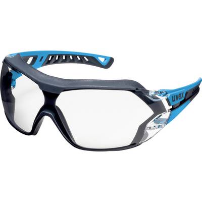 Safety glasses with blue-black frame and clear lenses, suitable for safety purposes during work that requires eye protection.