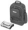 Black backpack with multiple zippered pockets and red accent, next to a transparent, stackable toolbox.