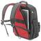 A black and red backpack with a laptop compartment. The laptop is sticking out at the top. The backpack has adjustable shoulder straps.