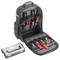 An open tool backpack with various tools such as screwdrivers and pliers as well as a separate toolbox.