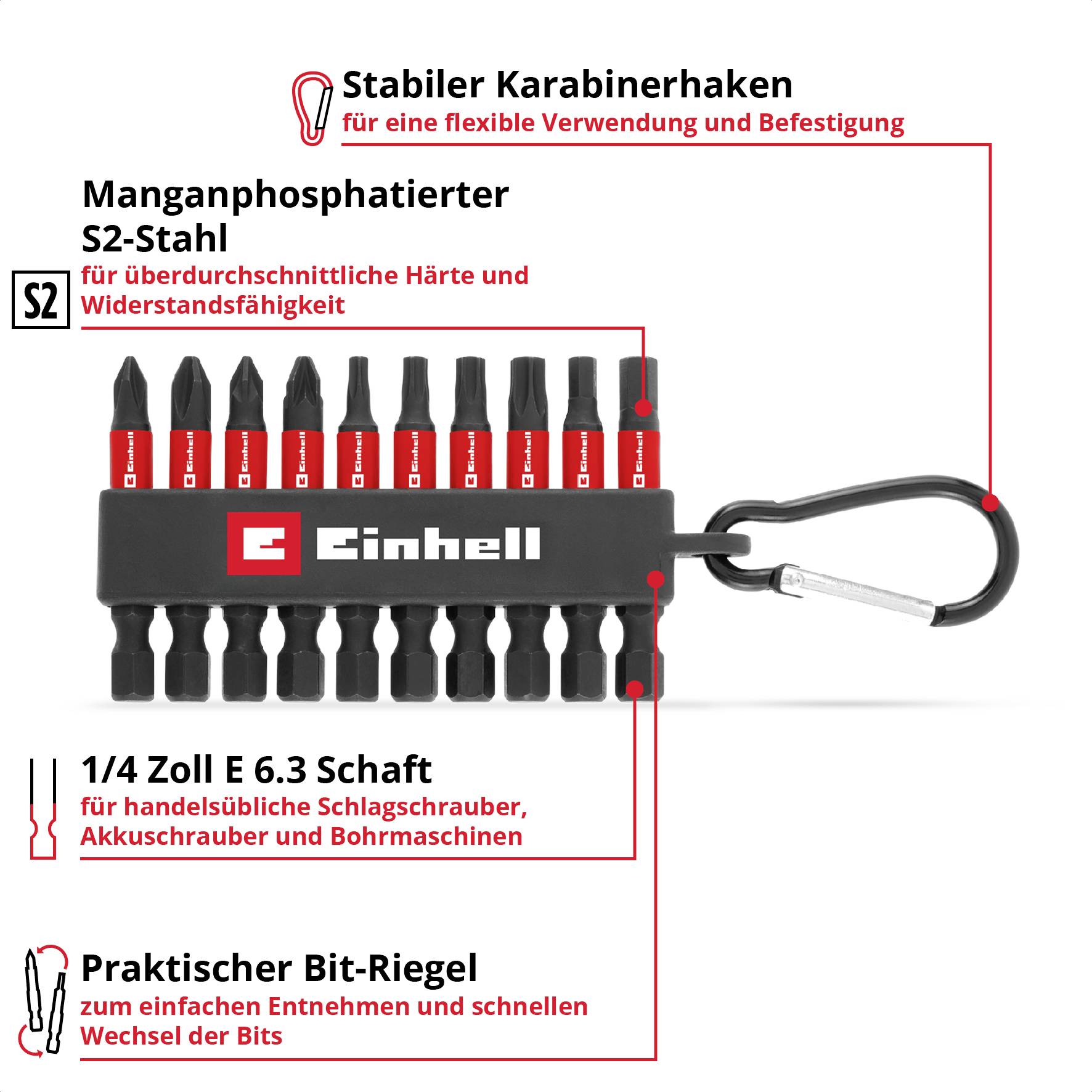 'Stable carabiner hook for flexible use and attachment', Bit set, manganese phosphated S2 steel, 'Einhell'.