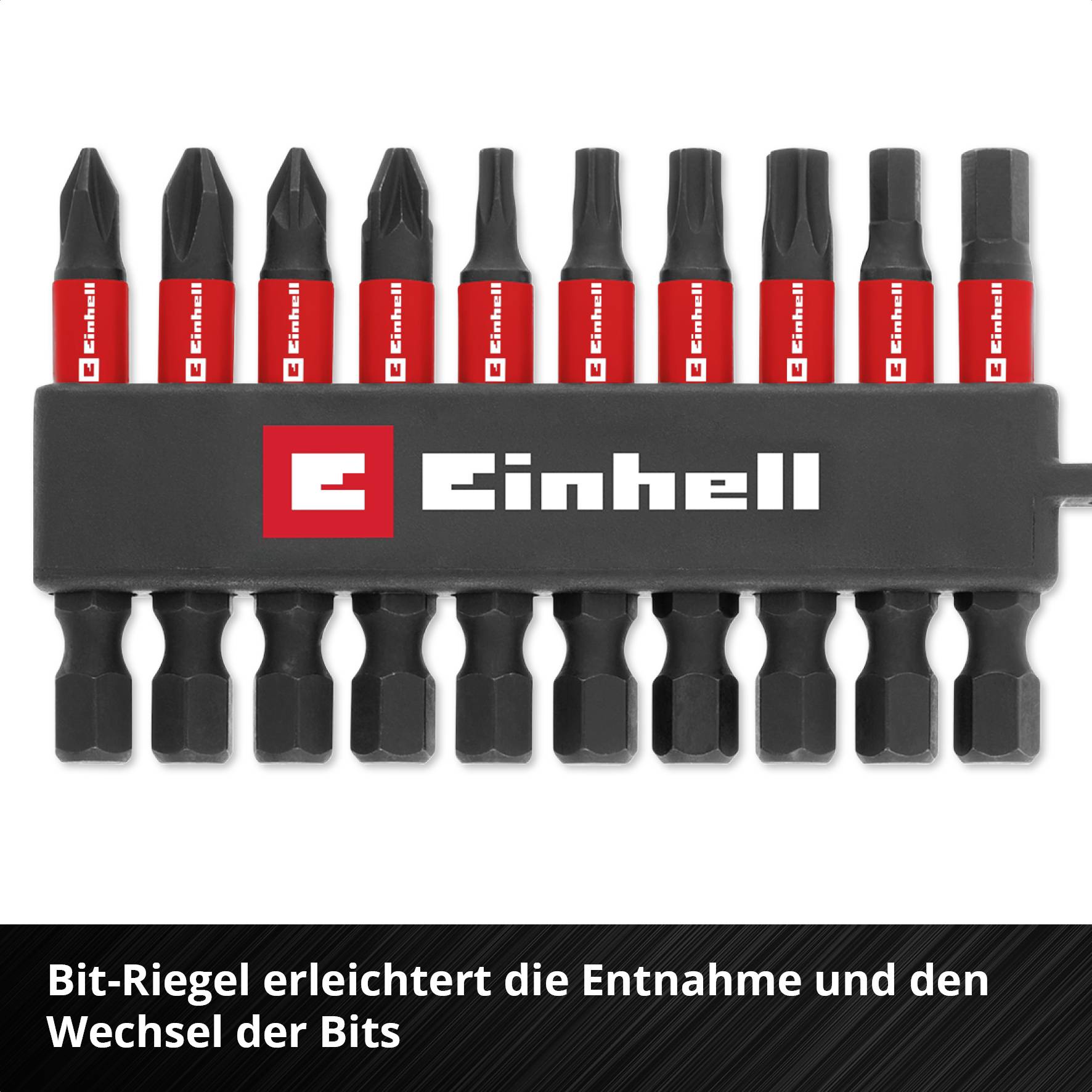 'Einhell' bit set in holder, nine bits in a row. Text: 'Bit rail facilitates removal and changing of bits'.
