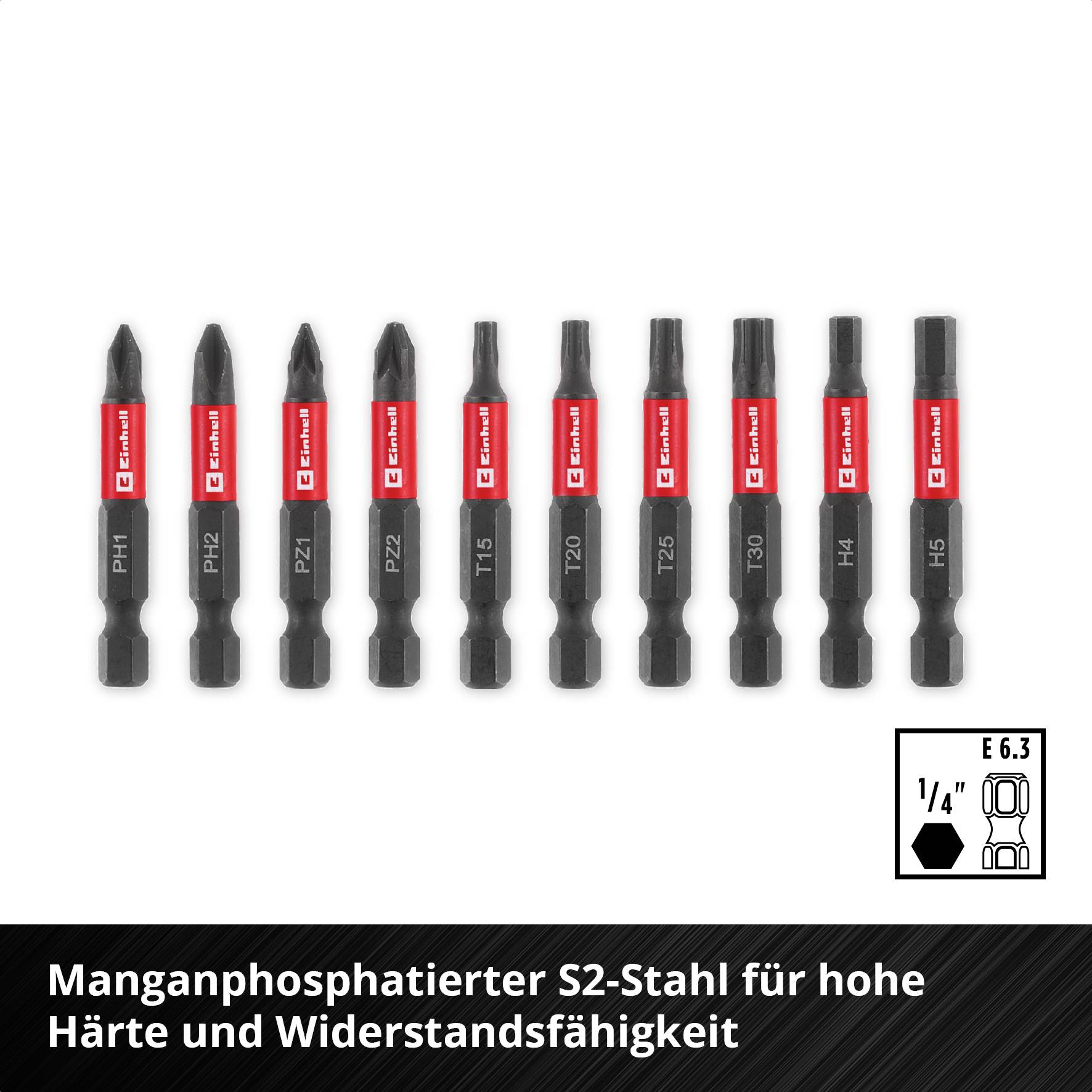 Ten black screwdriver bits made of manganese phosphated S2 steel for high hardness and durability, labeled by size.
