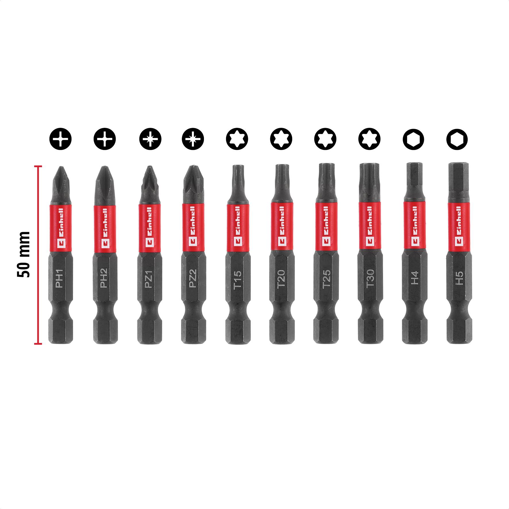 Set of replacement drill bits in 11 different shapes and sizes, including Phillips, Torx and hex socket, 50 mm long.