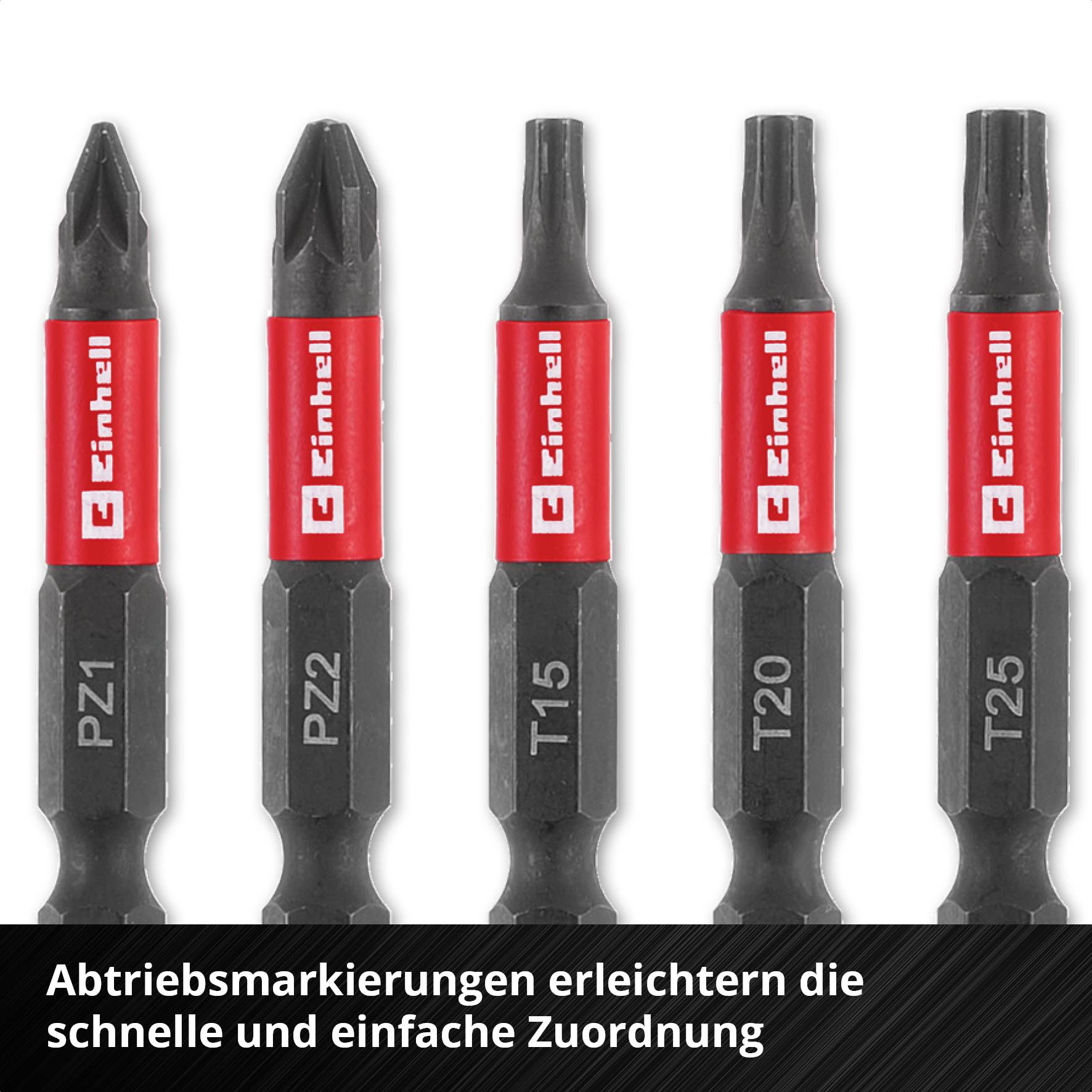 Five screwdriver bits with red-black design, each marked PZ1, PZ2, T15, T20 and T25. Brand 'Einhell' on red section.