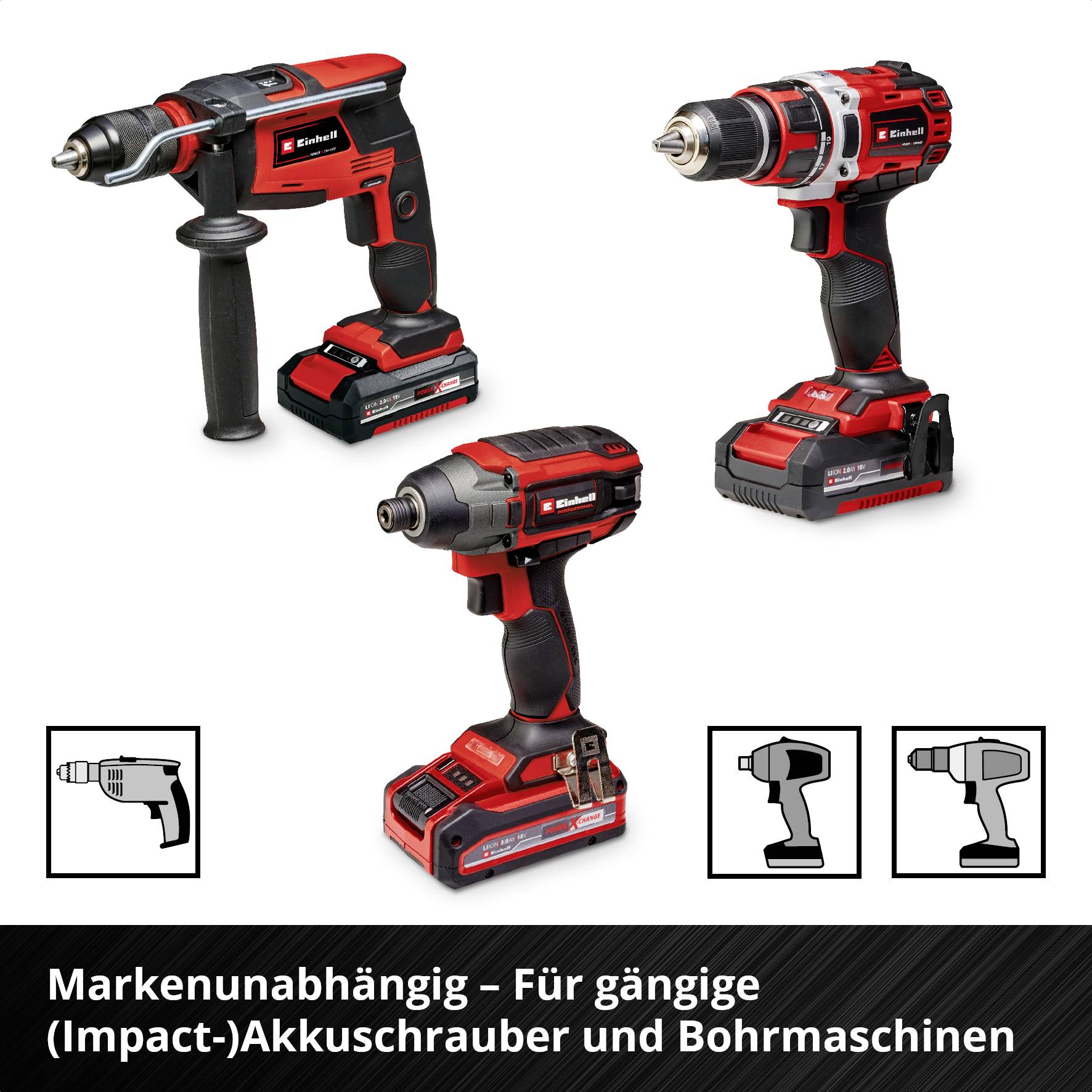 'Three red and black (impact) cordless screwdrivers and drills' - Brand-independent; suitable for various drilling types.