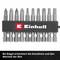 A set of screwdriver bits in a holder with the brand logo. Text below: 'Bit rail facilitates removal and changing of bits'.