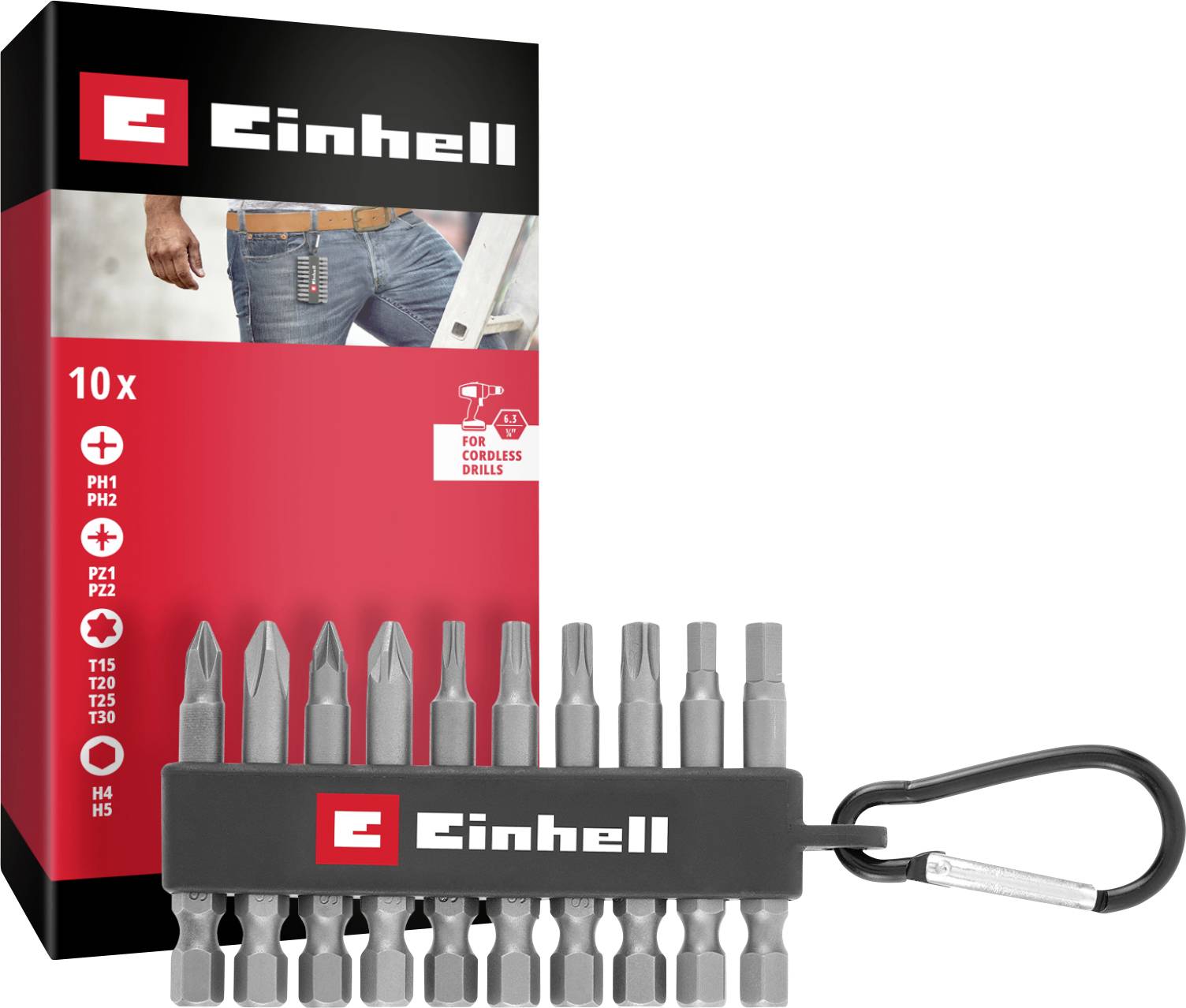 Einhell Karabiner Bit Set 10tlg 118623 Bit set 1/4 (6.3 mm), PH, PZ, TORX, Allen