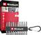 Einhell screwdriver bit set with 10 bits and carabiner clip. Packaging shows jeans pocket and emphasizes use with cordless drills.