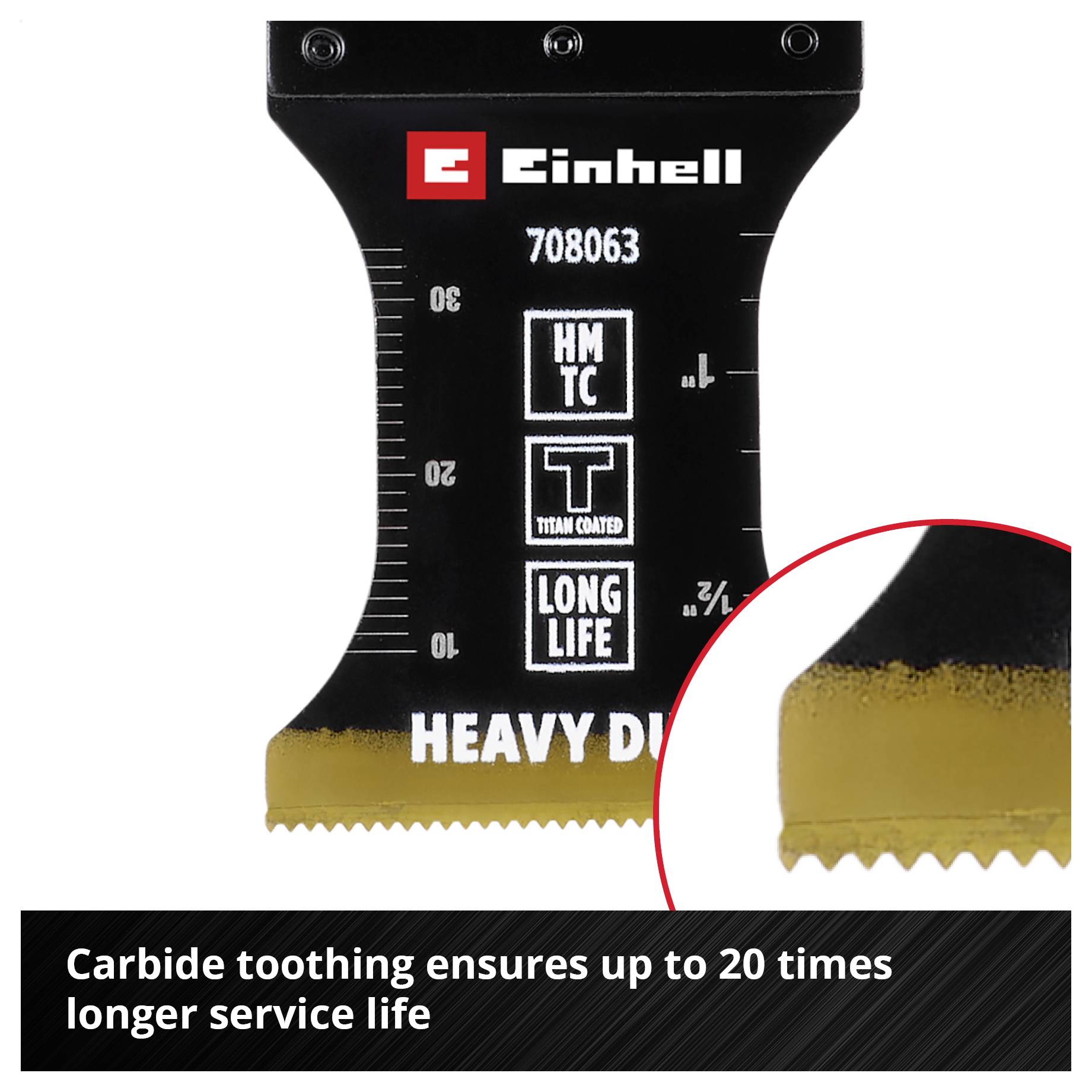 'Einhell' multi-function tool blade with carbide teeth. Text emphasises 20-fold longer service life through titanium coating.