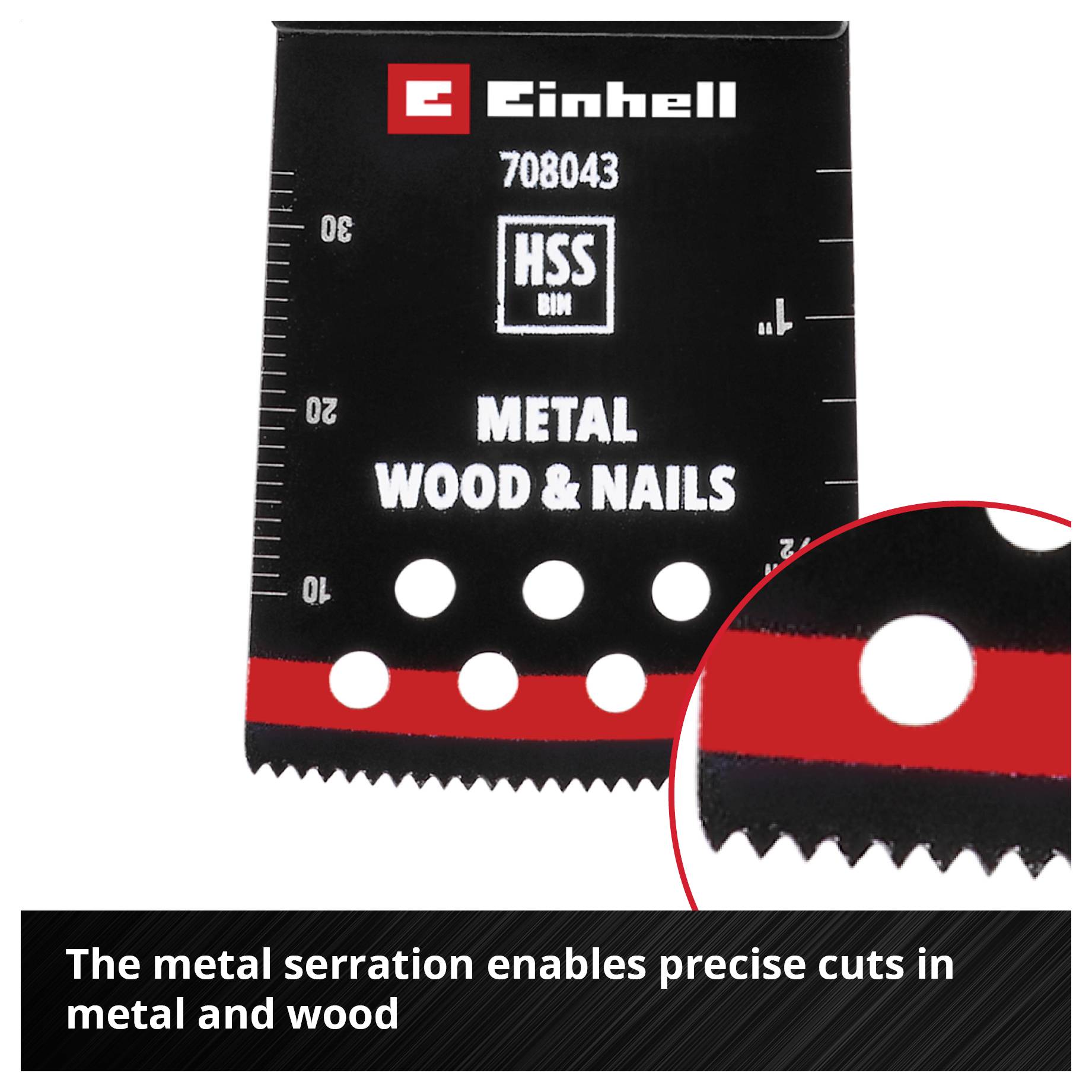 Saw blade with metal teeth from Einhell for precise cuts in metal, wood and nails. Sharp teeth in close-up.