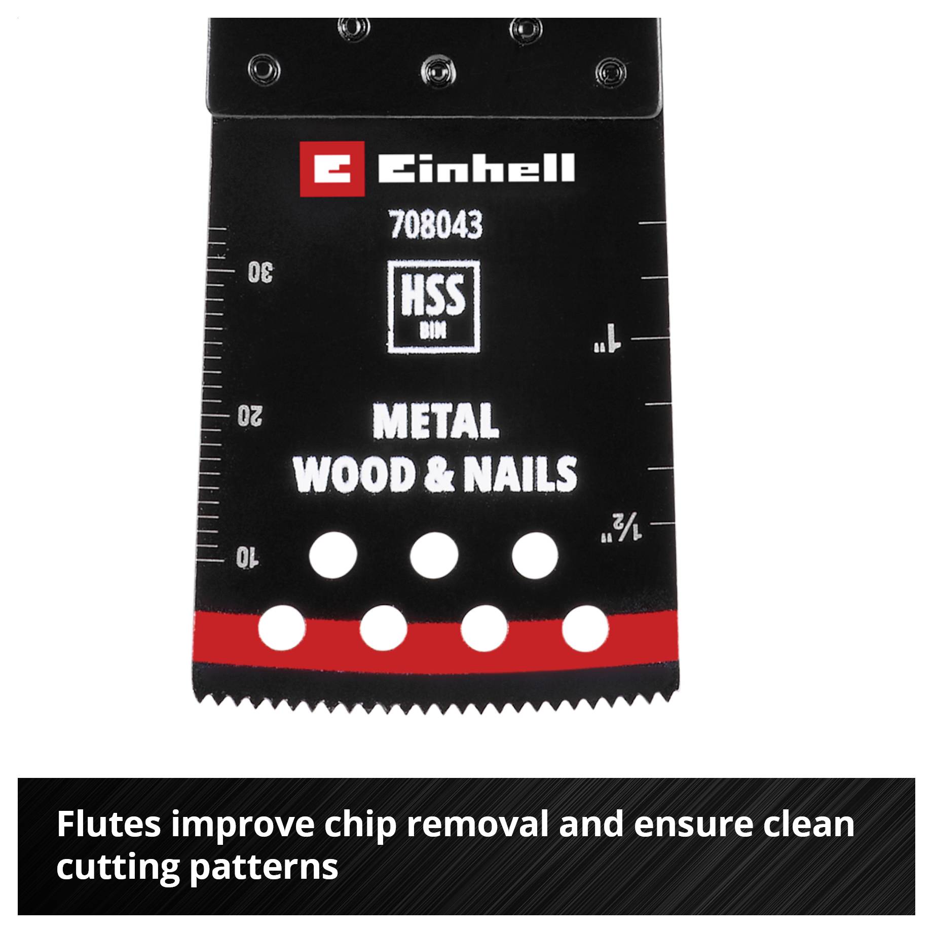 'Einhell metal, wood and nail saw blade with tension grooves for improved chip removal and clean cutting results.'