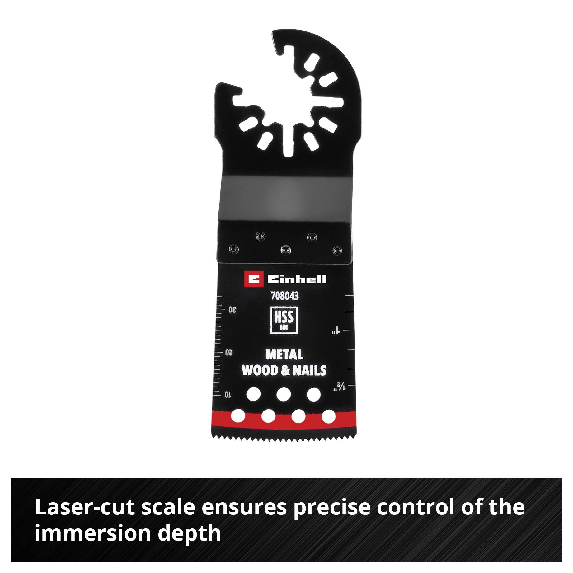 A reciprocating saw blade from Einhell, suitable for metal, wood and nails. It has a laser-etched scale for precise depth control.