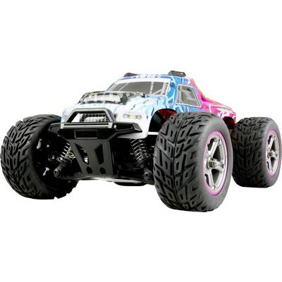 Toy car with large tires, colorful body in blue, white and pink. Front view shows details of the shock absorbers and front section.