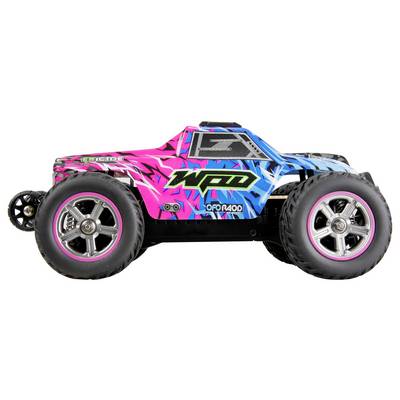 A remote-controlled car in bright colors (blue, purple, black) with large tires. Design text 'WFD' and 'Offroad' on the side.