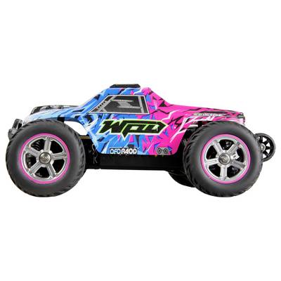 Toy car: Colorful off-road design with large tires, blue and pink body.
