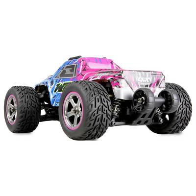 A remote-controlled car with large tires and colorful paint job moves across a surface. It has details in pink and blue.