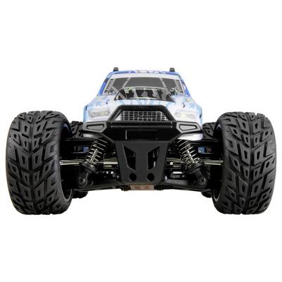 Remote-controlled car with blue body and large black tires, front view.