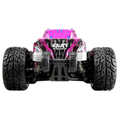 A toy RC car with large tires and a pink-black design stands on a white background.