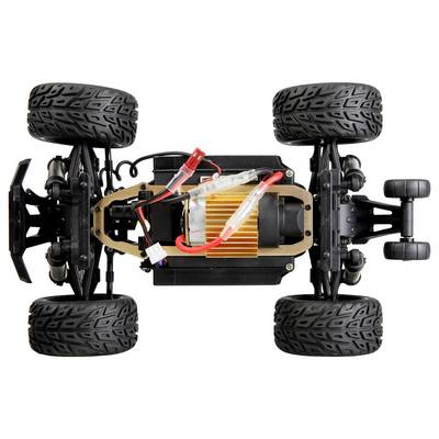 Remote-controlled car from above, showing the motor in the center and the arrangement of the four wheels.