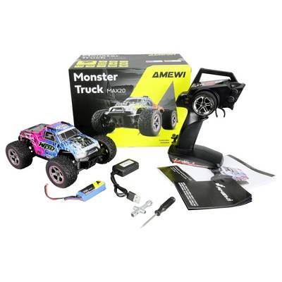 AMEWI brand toy monster truck with remote control, charger, battery, screwdriver and instructions, placed in front of the packaging.