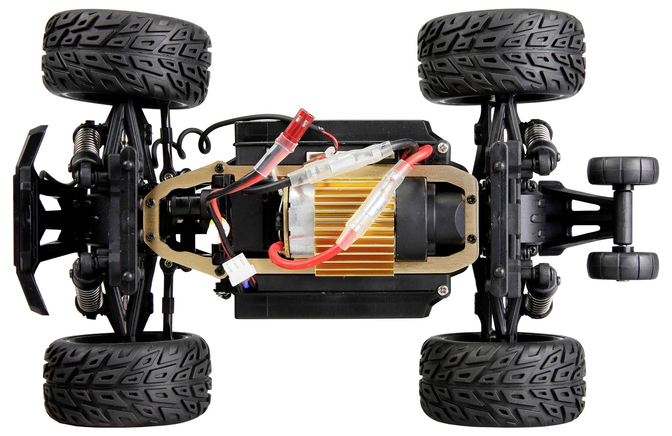 Remote-controlled car from above with visible motor and cables between the four large, robust tires on a light white background.