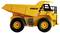 Yellow toy dump truck with 'Amewi' lettering on the side. Large black tires, detailed replica of a construction vehicle.
