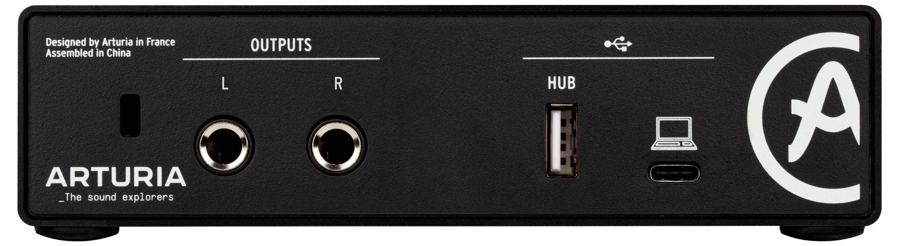 Back of an audio interface: L/R outputs, USB connections, 'Arturia' logo. Text: 'Designed by Arturia in France, Assembled in China'.