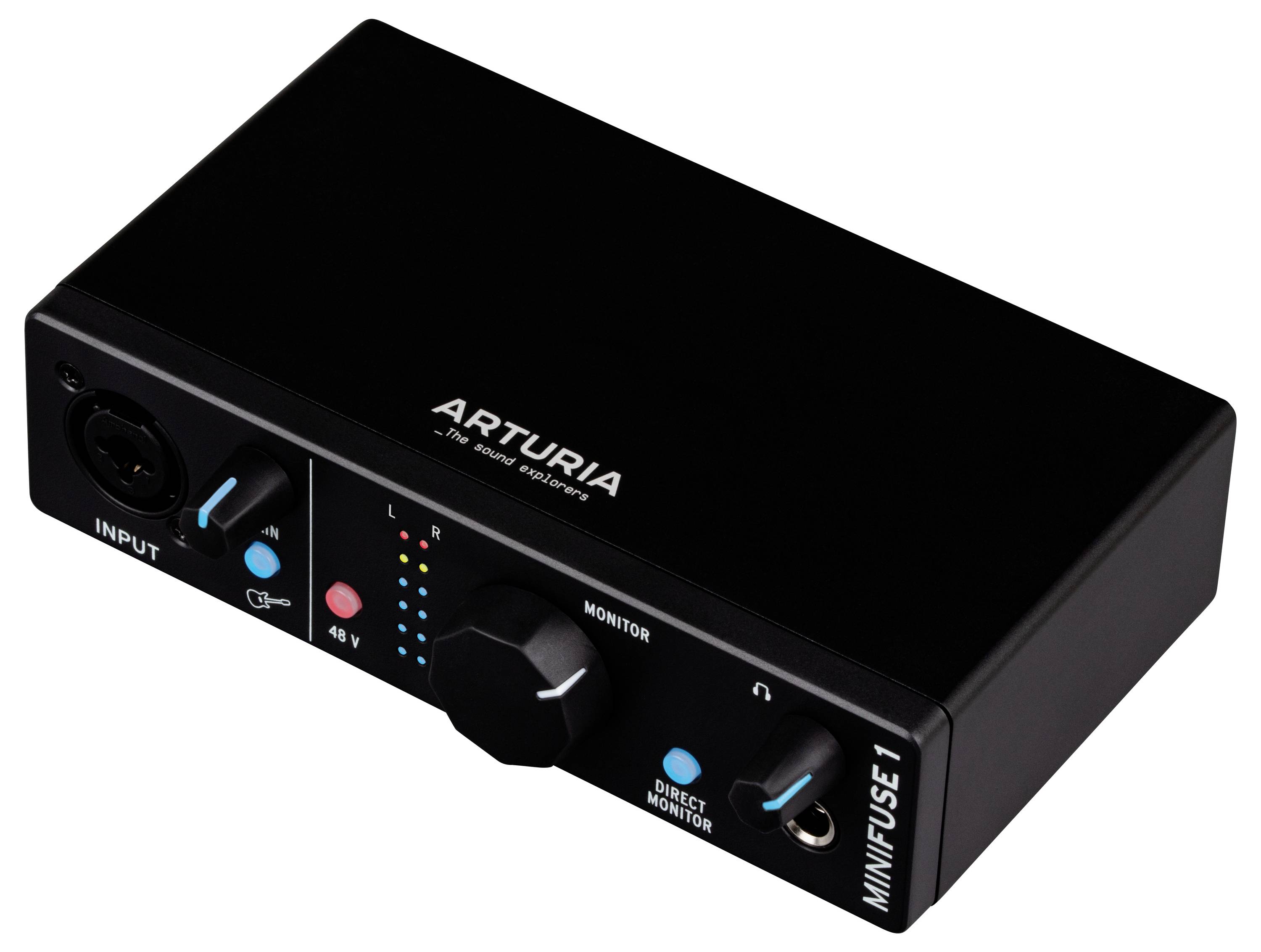 Black audio interface with one XLR input, rotary controls and the label 'Arturia MiniFuse 1' on the top.