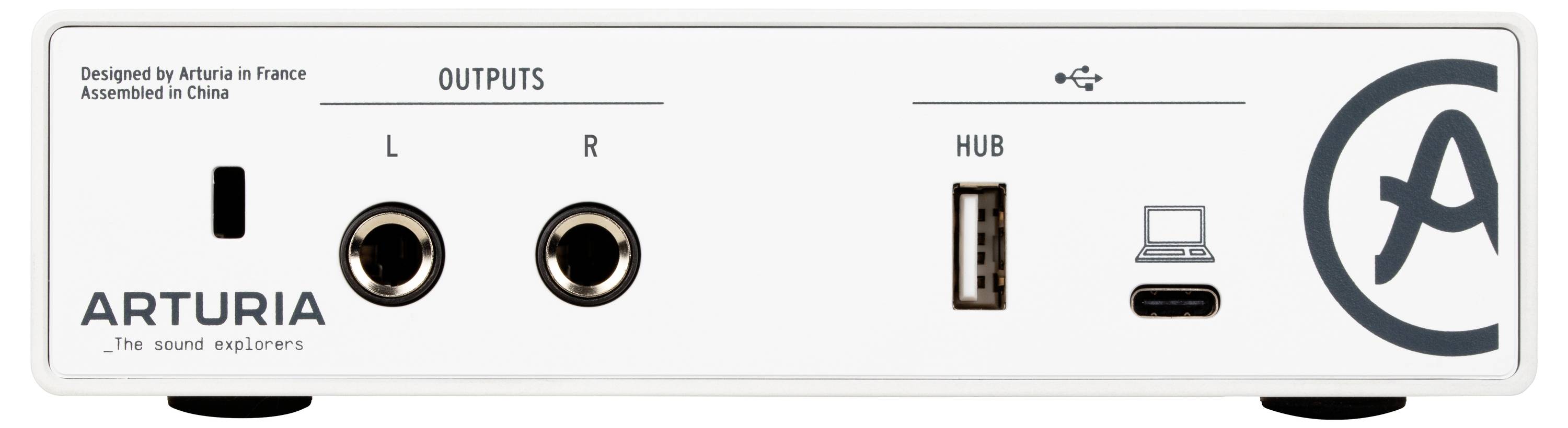 Back of an audio interface with two 6.3mm jack outputs (L, R), a USB port and a USB-C connection. 'Arturia' marking.