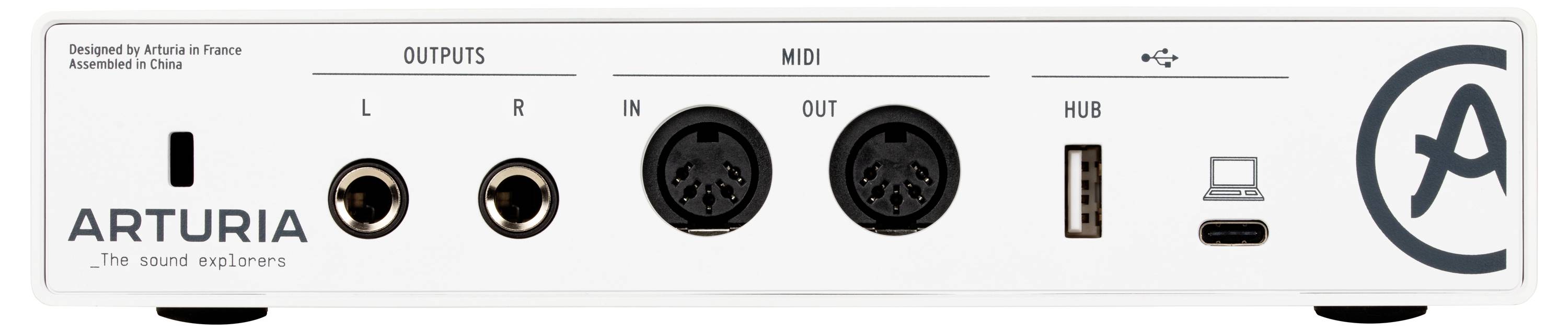 Back of an Arturia audio interface with connections: L/R outputs, MIDI In/Out, USB connection and a hub.