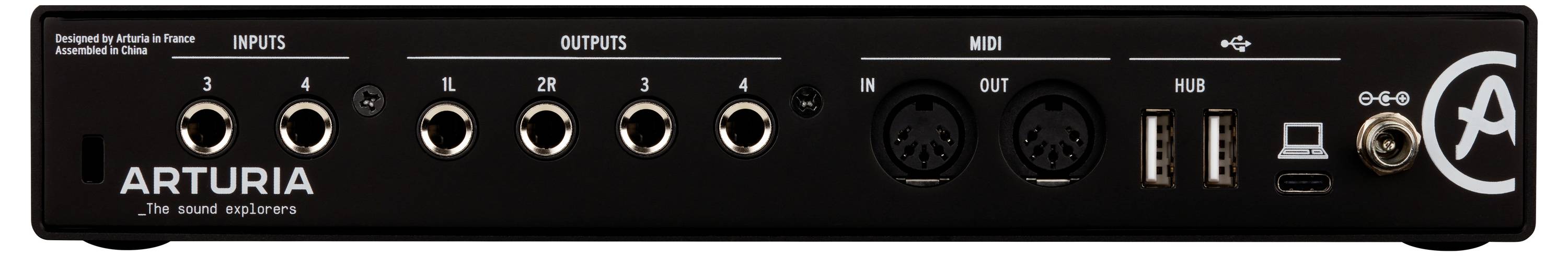 Rear view of an audio interface with the connections: four inputs, four outputs, MIDI In/Out, two USB ports, power connection.