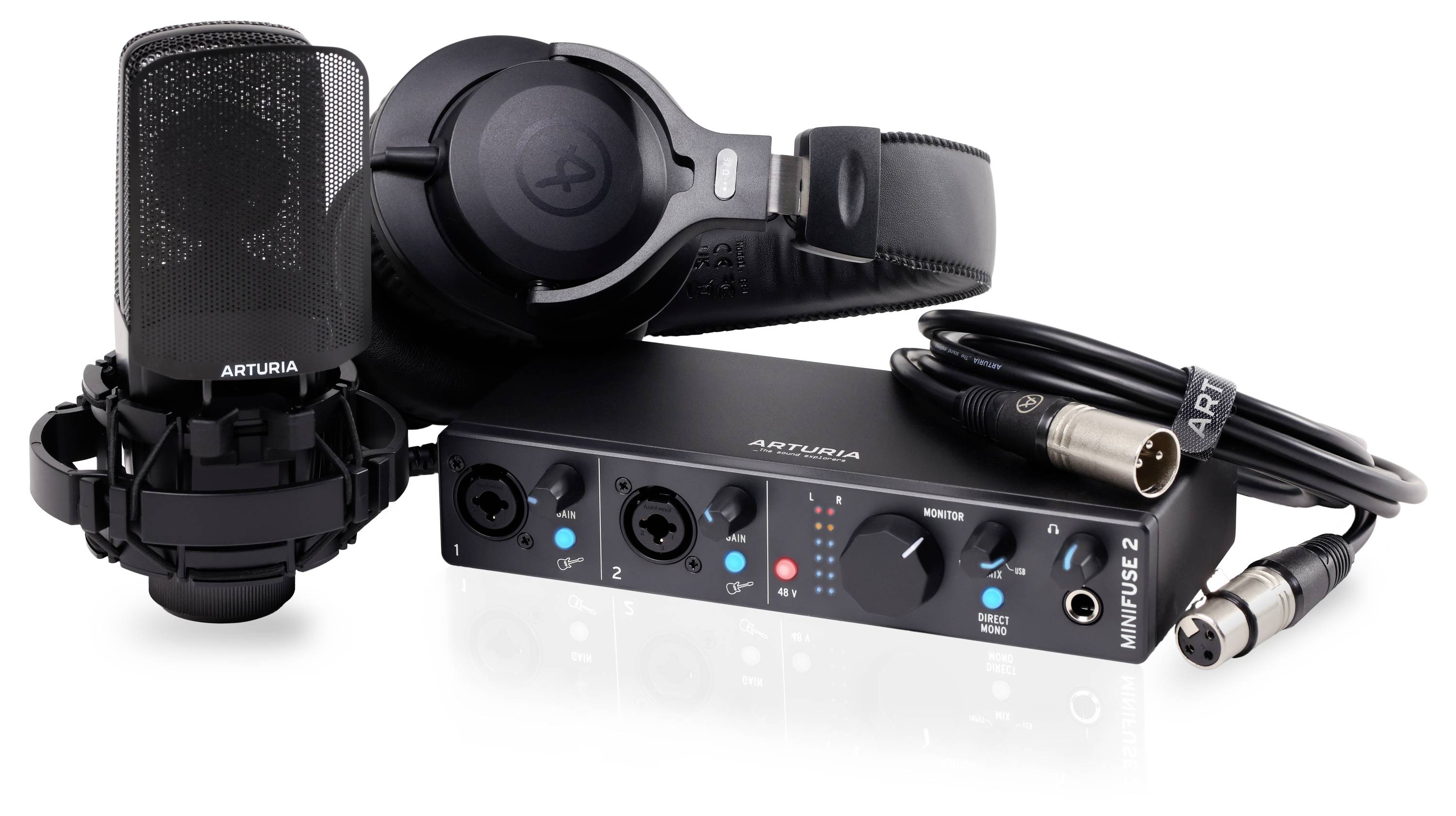 Microphone, headphones and audio interface. Set for music production or podcasting.
