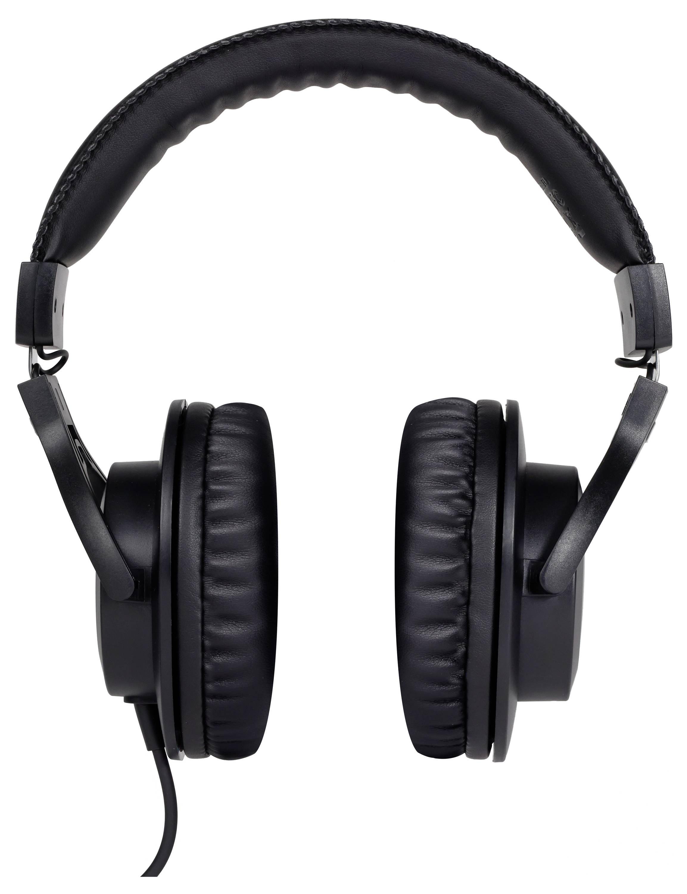 Black headphones with padded ear cups and adjustable headband, shown from the front.