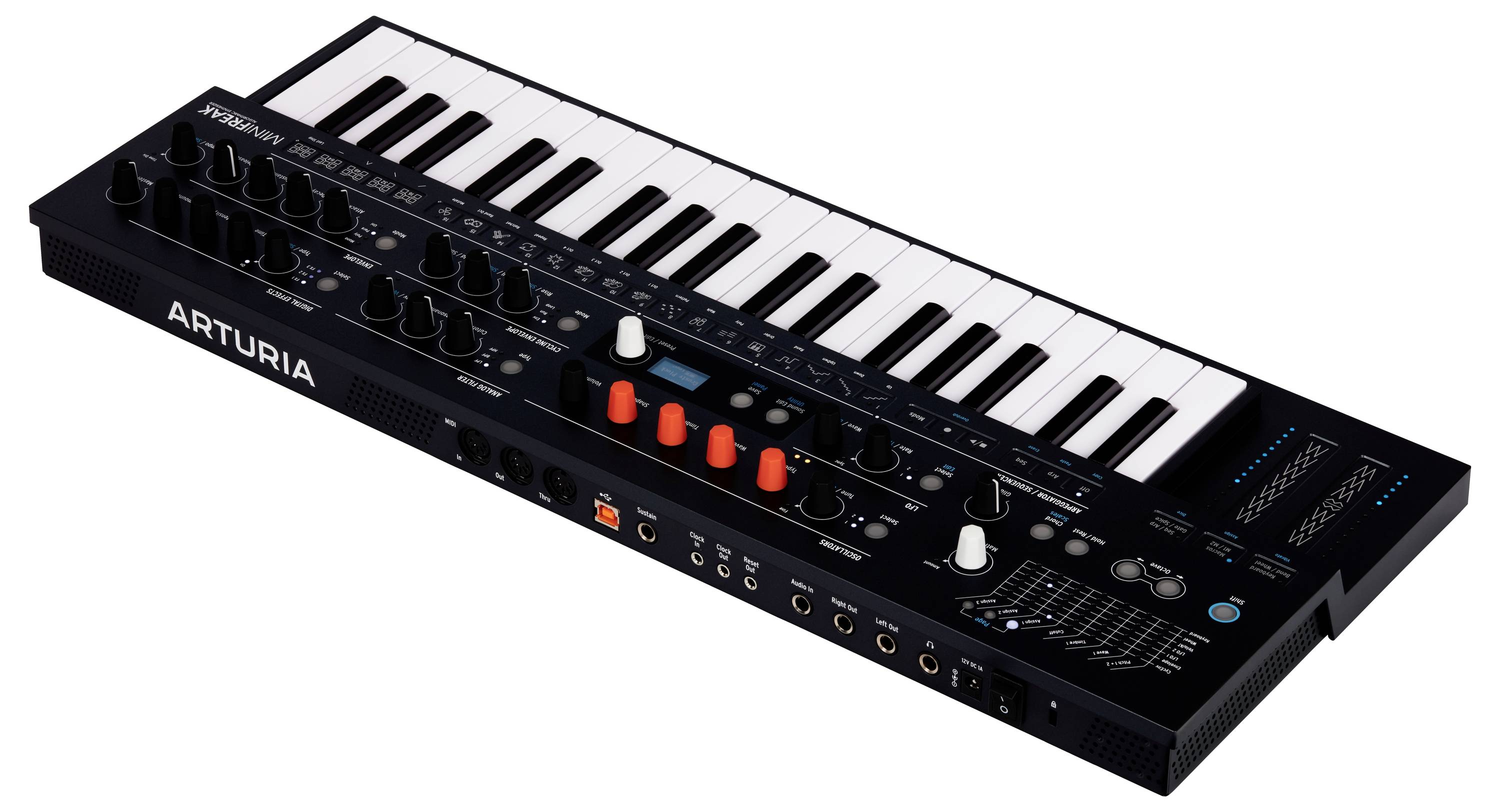 Synthesizer with keyboard, controls and connections, model name 'Arturia'; in black and white color scheme with orange accents.