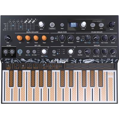 An electronic musical instrument with keys and numerous controls for sound processing. Digital and analog controls are located at the top.