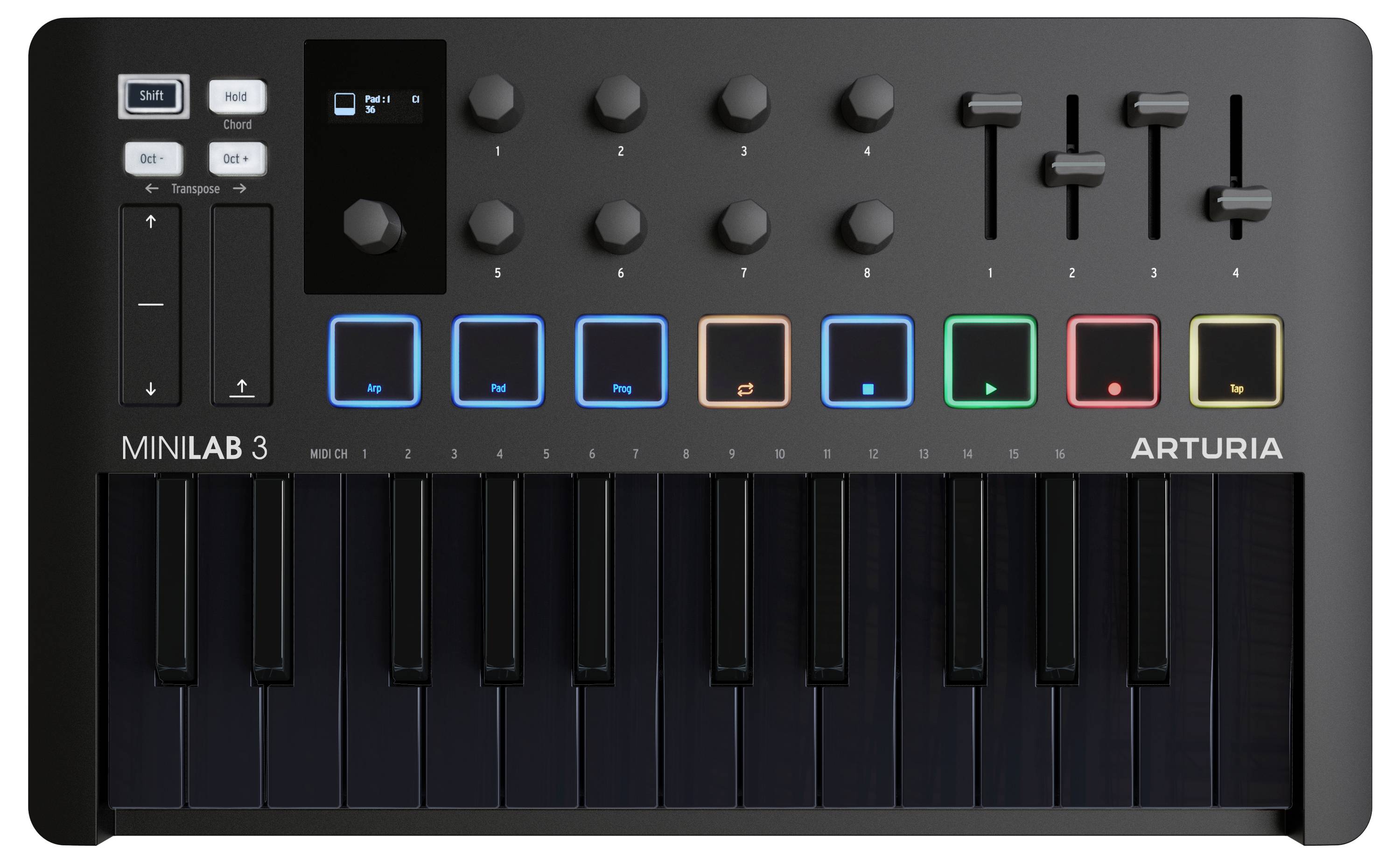 A MIDI controller with 25 keys, many rotary knobs and pads, suitable for music production and live performances.