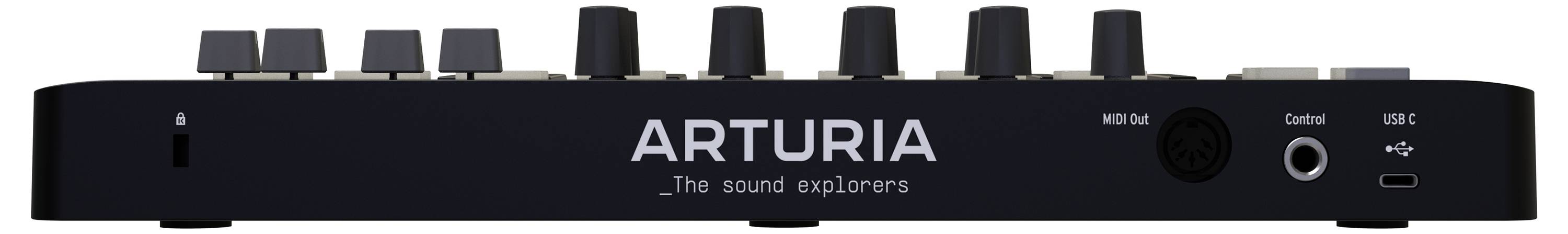A black Arturia MIDI controller keyboard with multiple rotary knobs and connection ports. The brand name in front is in focus.