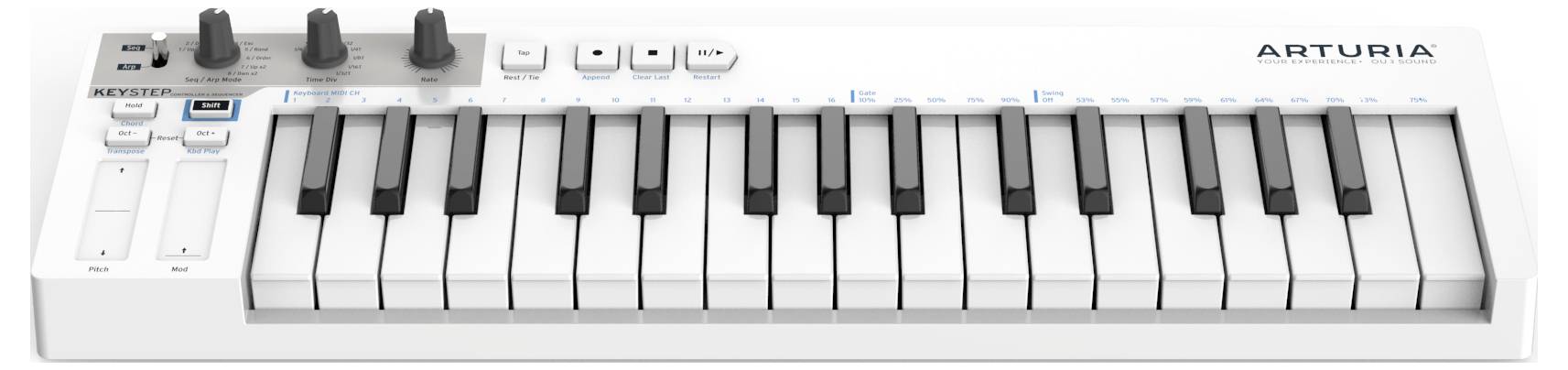 White MIDI keyboard with 25 keys, rotary knobs and control buttons. Brand name 'Arturia' in the top right.