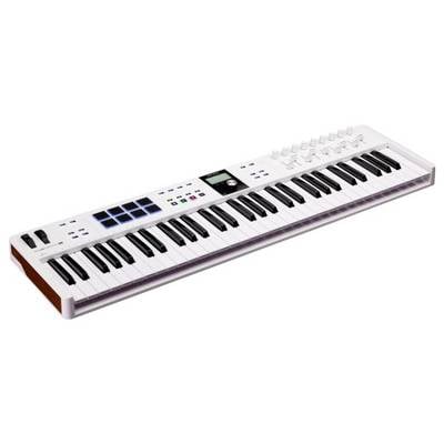 A MIDI keyboard with 61 keys, rotary knobs, sliders, and pads that is used for music production.