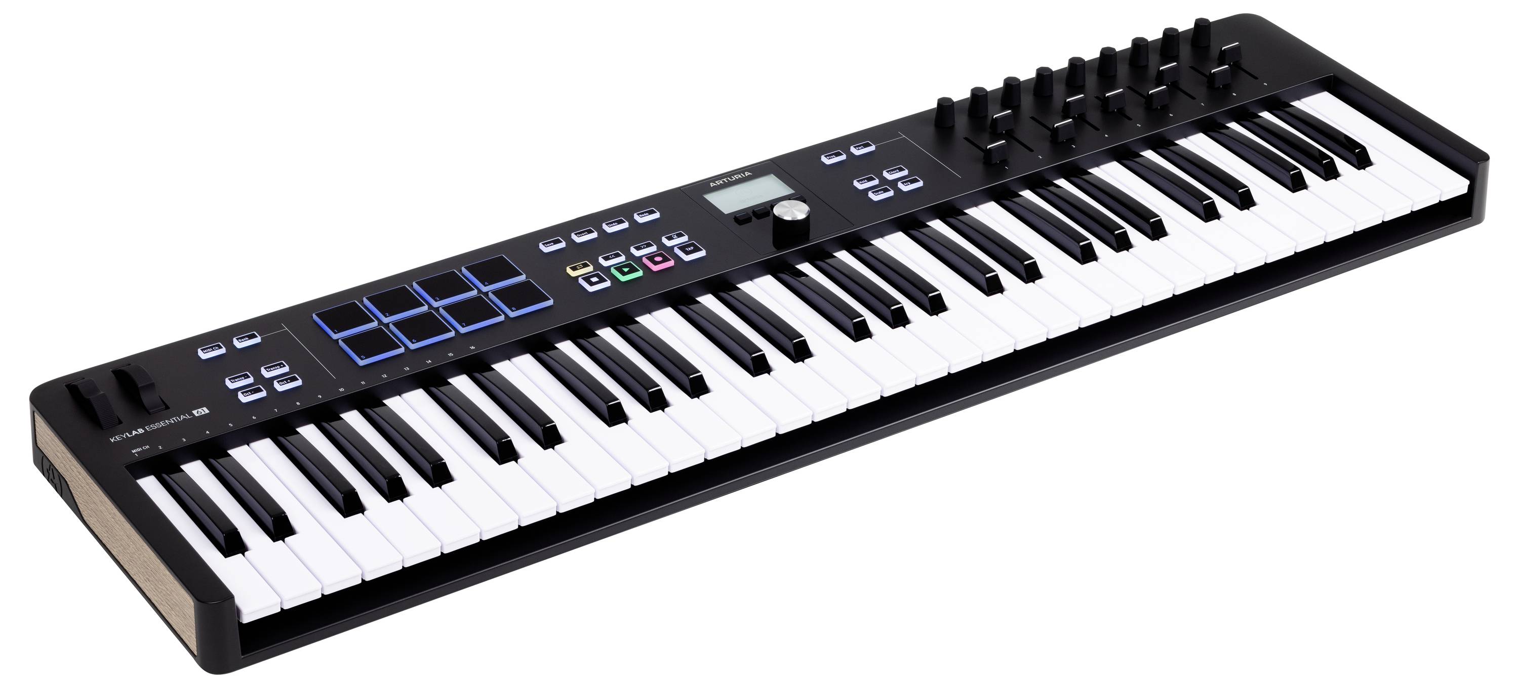 A black MIDI keyboard with 61 keys, blue pads, rotary knobs and a small display, suitable for music production.