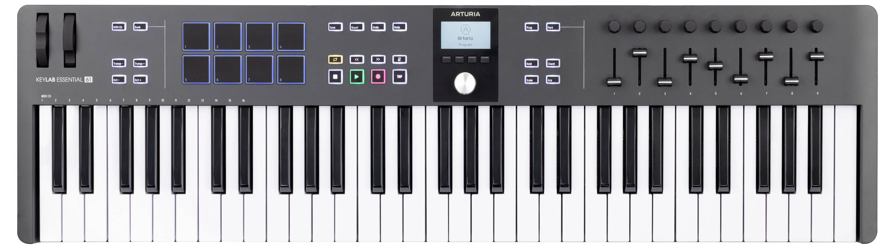 A black MIDI keyboard with 49 keys, controls, pads and a small screen, used for music production.