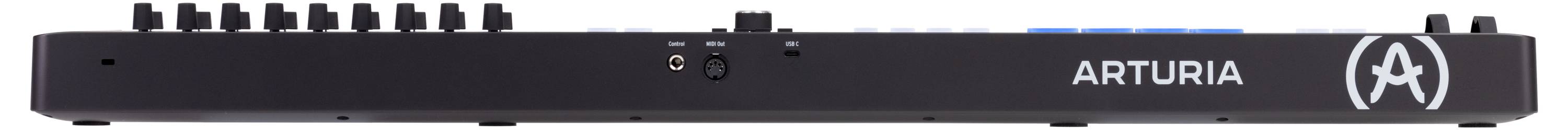 A black music controller keyboard with multiple rotary knobs and the 'Arturia' logo on the right side.