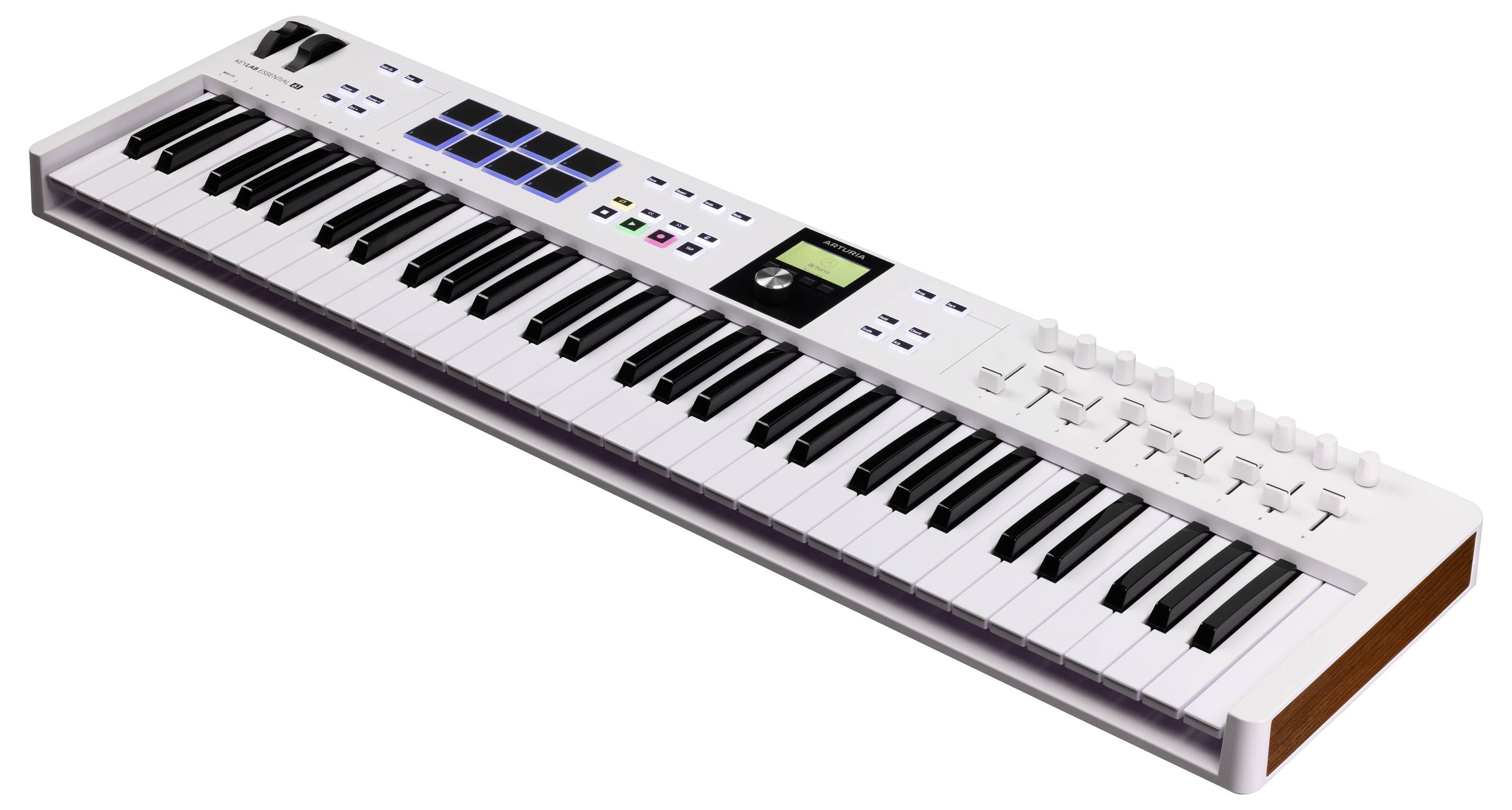 A white MIDI keyboard with 49 keys, control elements and pads for music production. It has wooden panels on the sides.