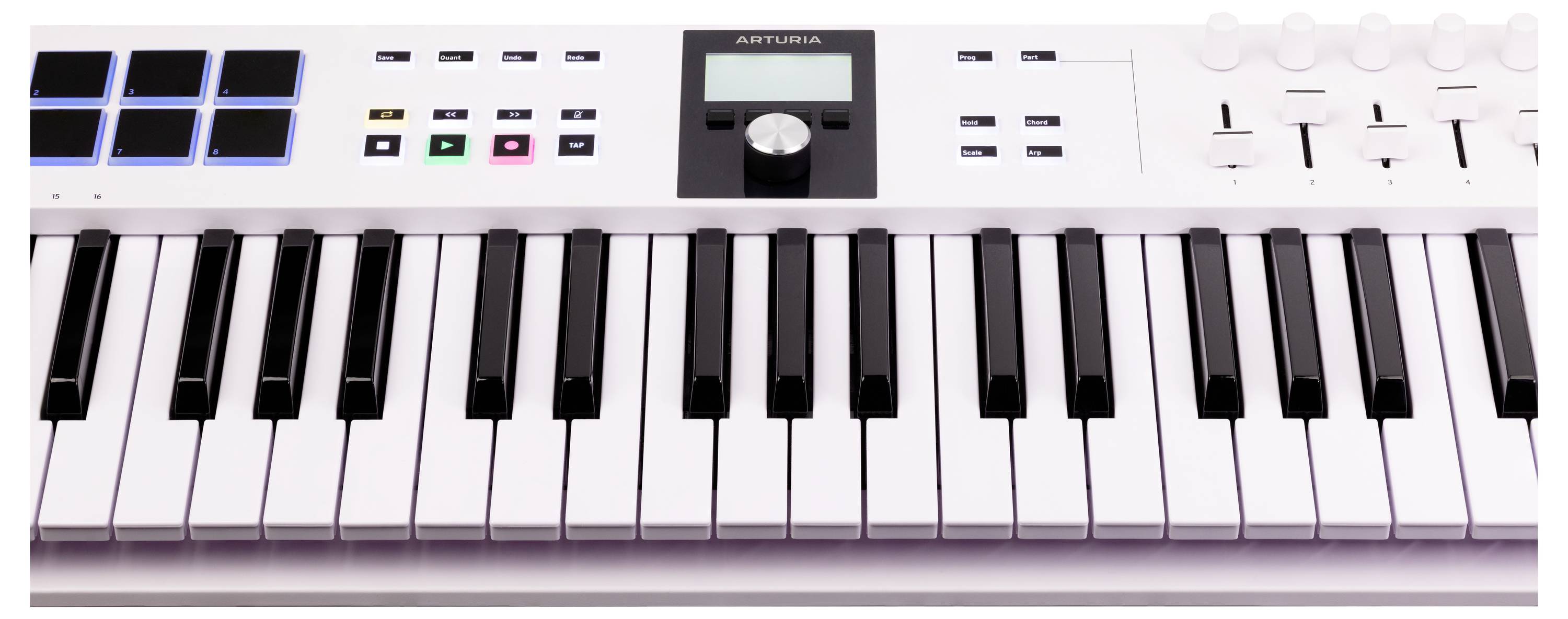 A MIDI controller keyboard with multiple octaves of keys, pads, rotary knobs and faders for music production and recording.